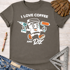 Women's funny woodworking graphic tee shirt for female woodworkers, makers, and DIY builders — Sawdust & Ponytails. Dark gray cotton tee with "I Love Coffee and DIY" text and a coffee cup character holding a drill and paint roller.