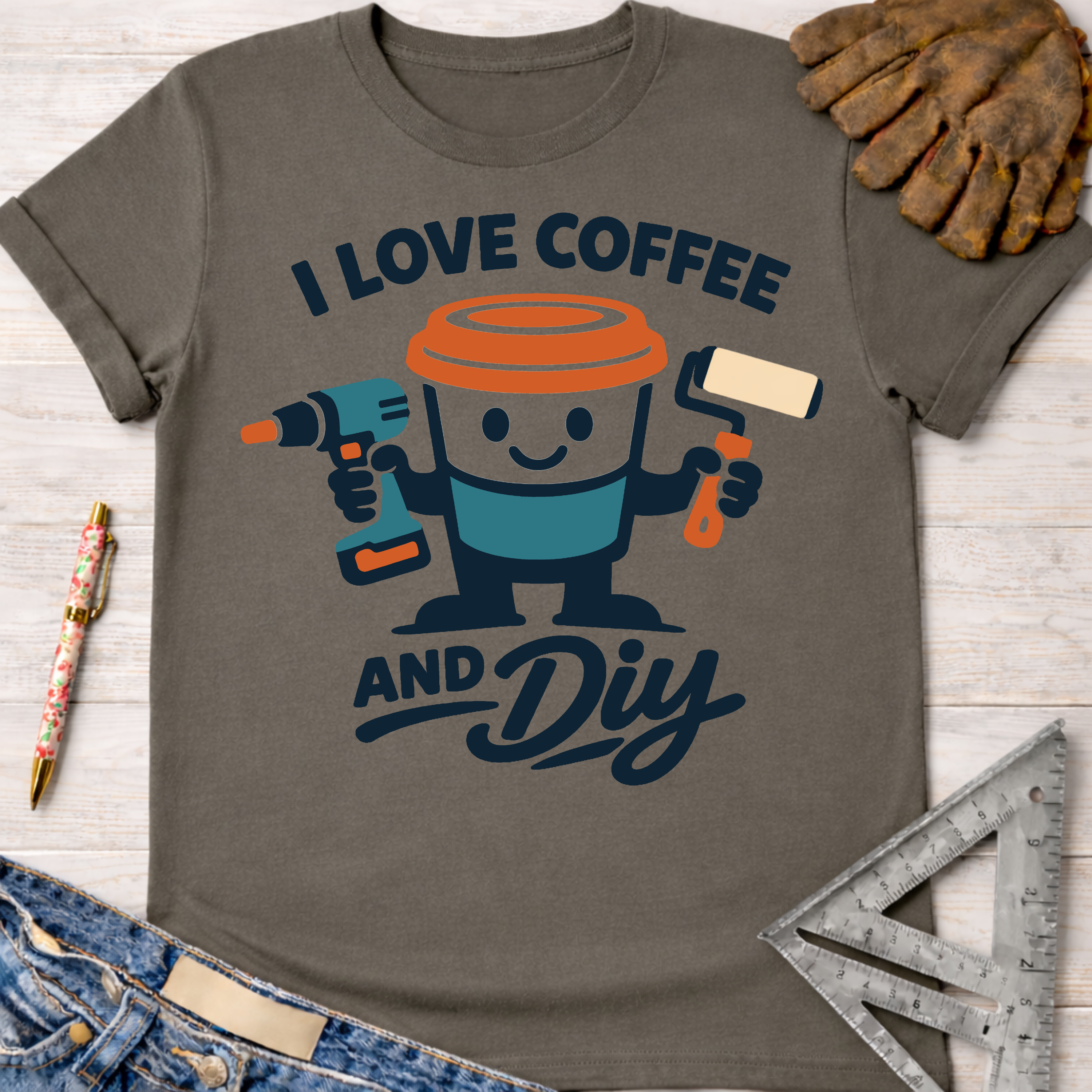 Women's funny woodworking graphic tee shirt for female woodworkers, makers, and DIY builders — Sawdust & Ponytails. Gray cotton t-shirt with "I Love Coffee and DIY" graphic featuring a coffee cup holding a drill and paint roller.