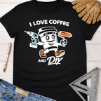 Black cotton t-shirt with "I Love Coffee and DIY" graphic featuring a coffee cup holding a drill and paint roller. Women's funny woodworking graphic tee shirt for female woodworkers, makers, and DIY builders — Sawdust & Ponytails