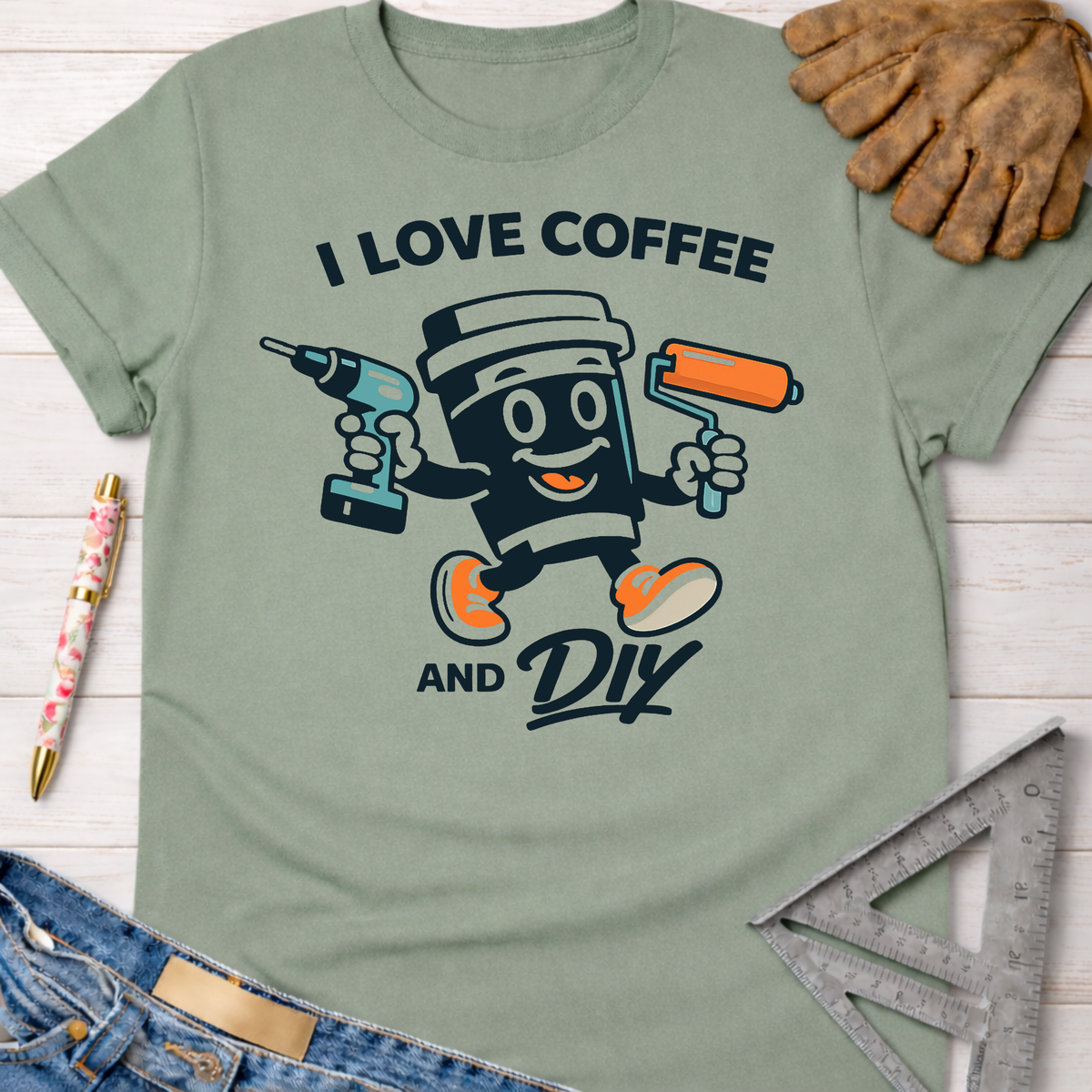 Sage green women's funny woodworking graphic tee with a coffee cup holding a drill and paint roller.