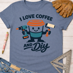 Women's funny woodworking graphic tee shirt for female woodworkers, makers, and DIY builders — Sawdust & Ponytails. Blue cotton tee with "I Love Coffee and DIY" graphic.