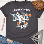 Women's funny woodworking graphic tee shirt for female woodworkers, makers, and DIY builders — Sawdust & Ponytails. Dark gray cotton tee with "I Love Coffee and DIY" graphic.
