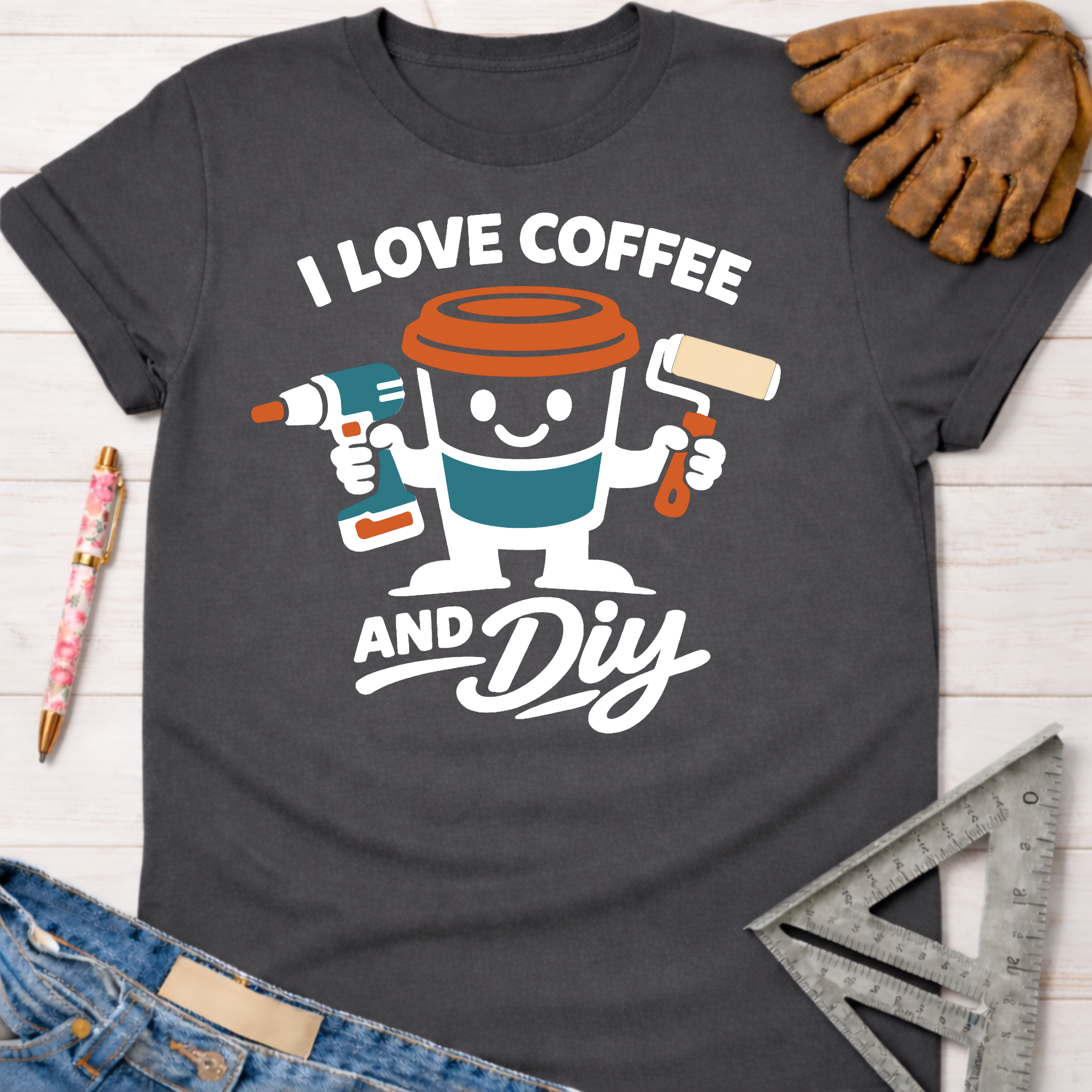 Women's funny woodworking graphic tee shirt for female woodworkers, makers, and DIY builders — Sawdust & Ponytails. Dark gray crewneck tee with "I Love Coffee And DIY" graphic.