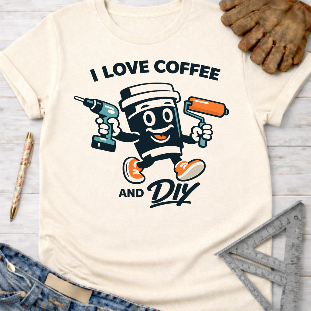 Women's funny woodworking graphic tee shirt for female woodworkers, makers, and DIY builders — Sawdust & Ponytails. Cream t-shirt with "I Love Coffee and DIY" text and a cartoon coffee cup holding a drill and paint roller.