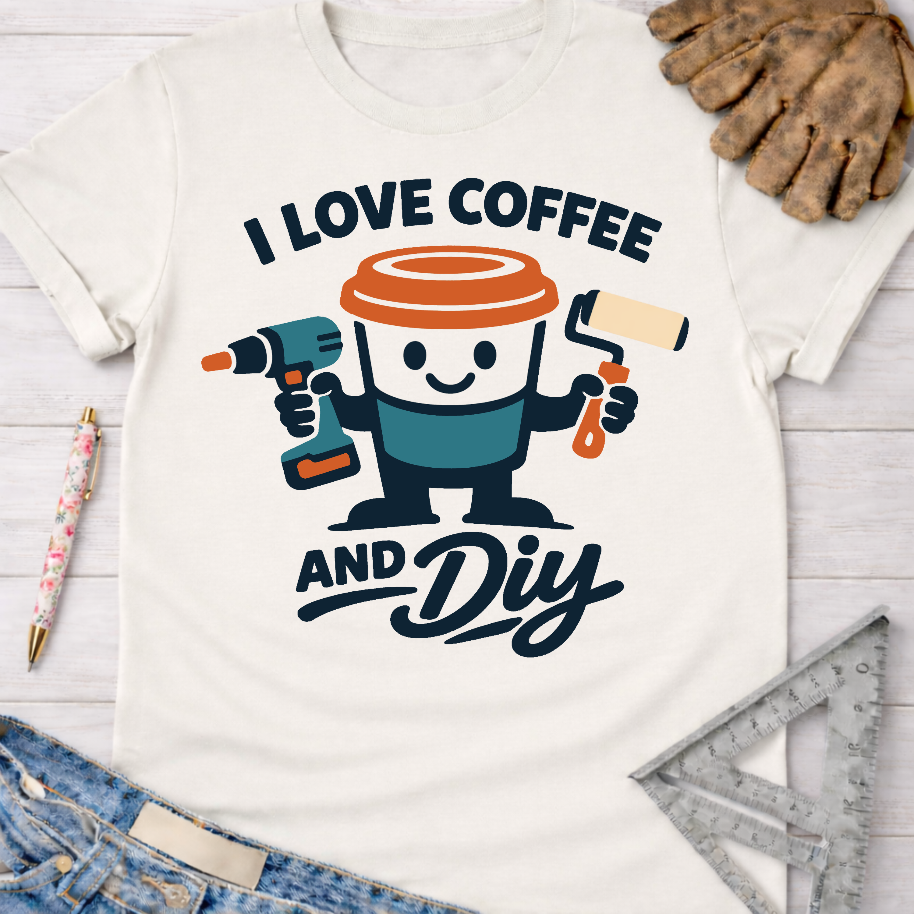 Women's funny woodworking graphic tee shirt for female woodworkers, makers, and DIY builders — Sawdust & Ponytails. White cotton tee with "I Love Coffee and DIY" graphic featuring a coffee cup holding a drill and paint roller.
