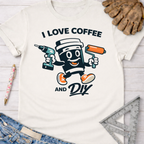 White cotton t-shirt with "I Love Coffee and DIY" graphic featuring a coffee cup holding a drill and paint roller.