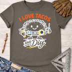 Women's funny woodworking graphic tee shirt for female woodworkers, makers, and DIY builders — Sawdust & Ponytails. Dark gray cotton tee with "I Love Tacos And DIY" graphic featuring a taco holding tools.