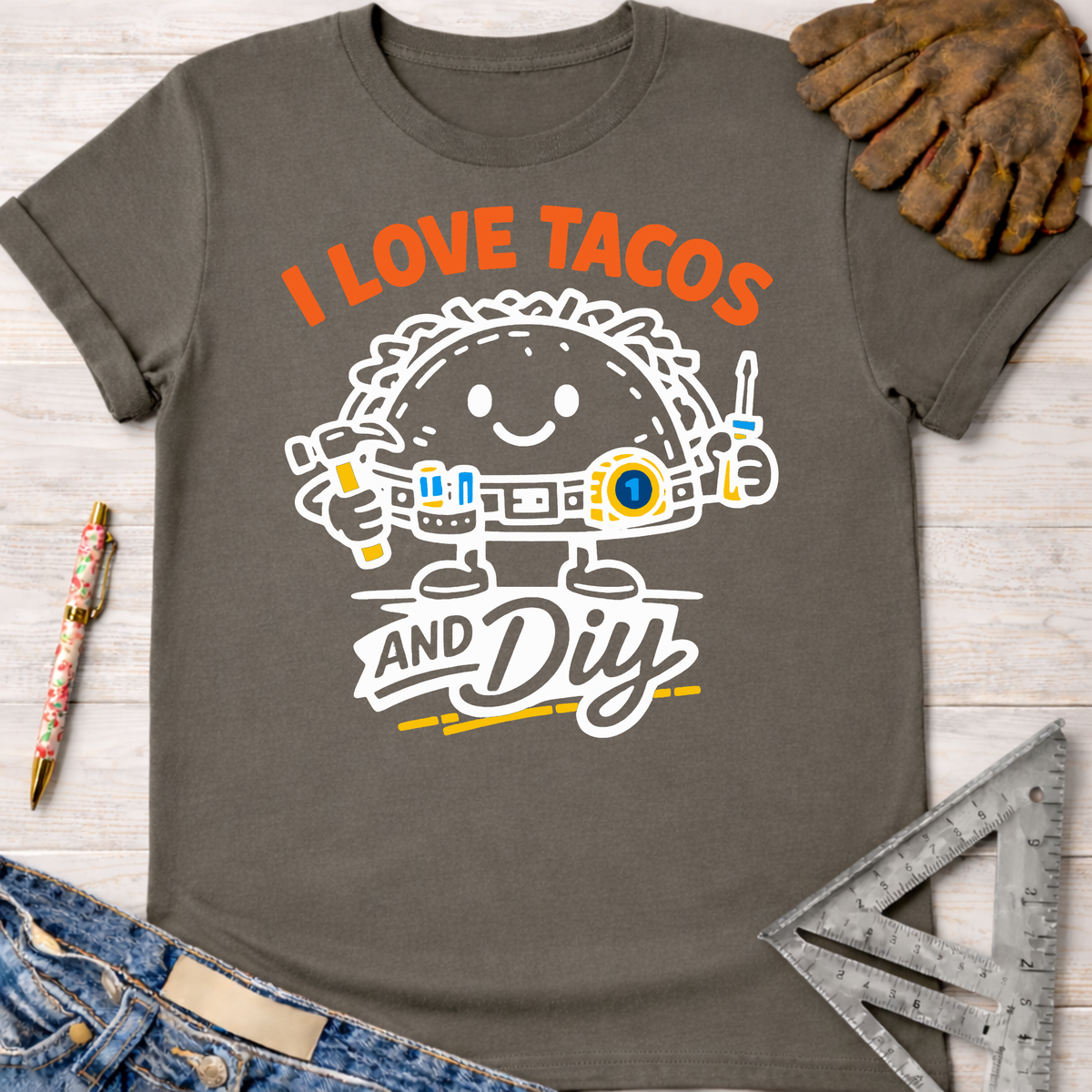 Women's funny woodworking graphic tee shirt for female woodworkers, makers, and DIY builders — Sawdust & Ponytails. Dark gray cotton tee with "I Love Tacos And DIY" graphic featuring a taco holding tools.