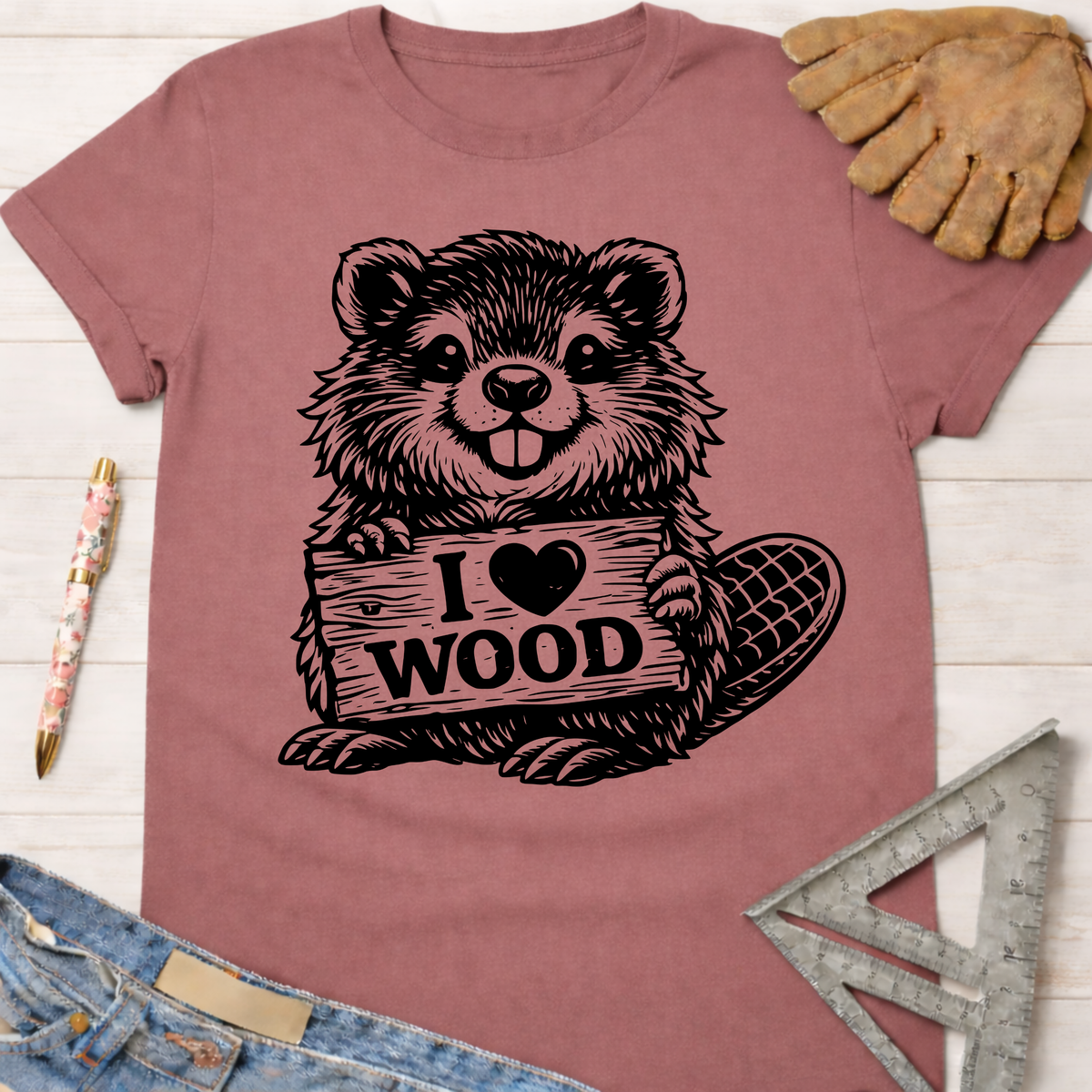 Women's funny woodworking graphic tee shirt for female woodworkers, makers, and DIY builders — Sawdust & Ponytails. Mauve cotton tee with a black beaver holding an "I Love Wood" sign.