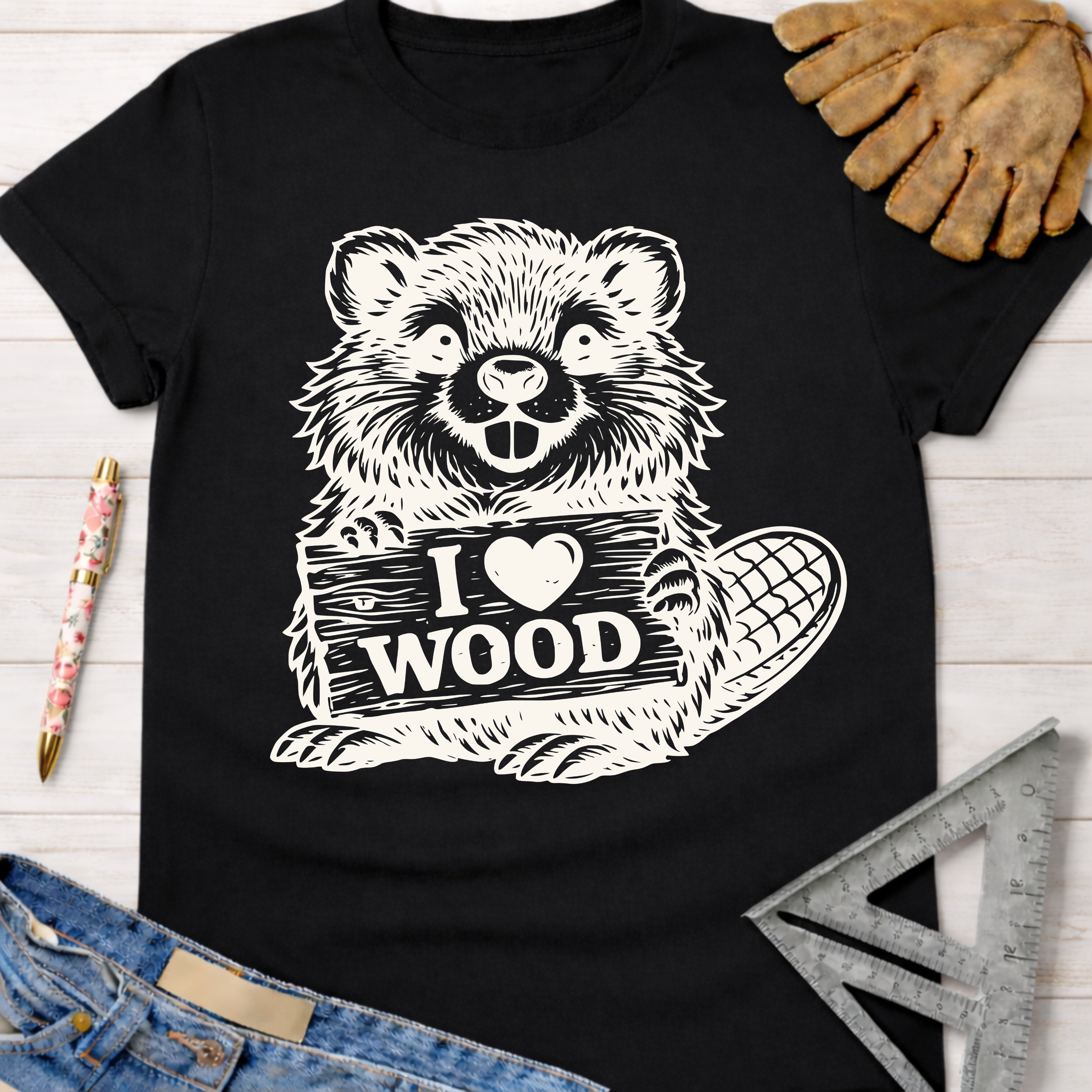 Black cotton "I Love Wood" beaver graphic tee for women, with leather gloves, jeans, and a ruler. Sawdust & Ponytails.