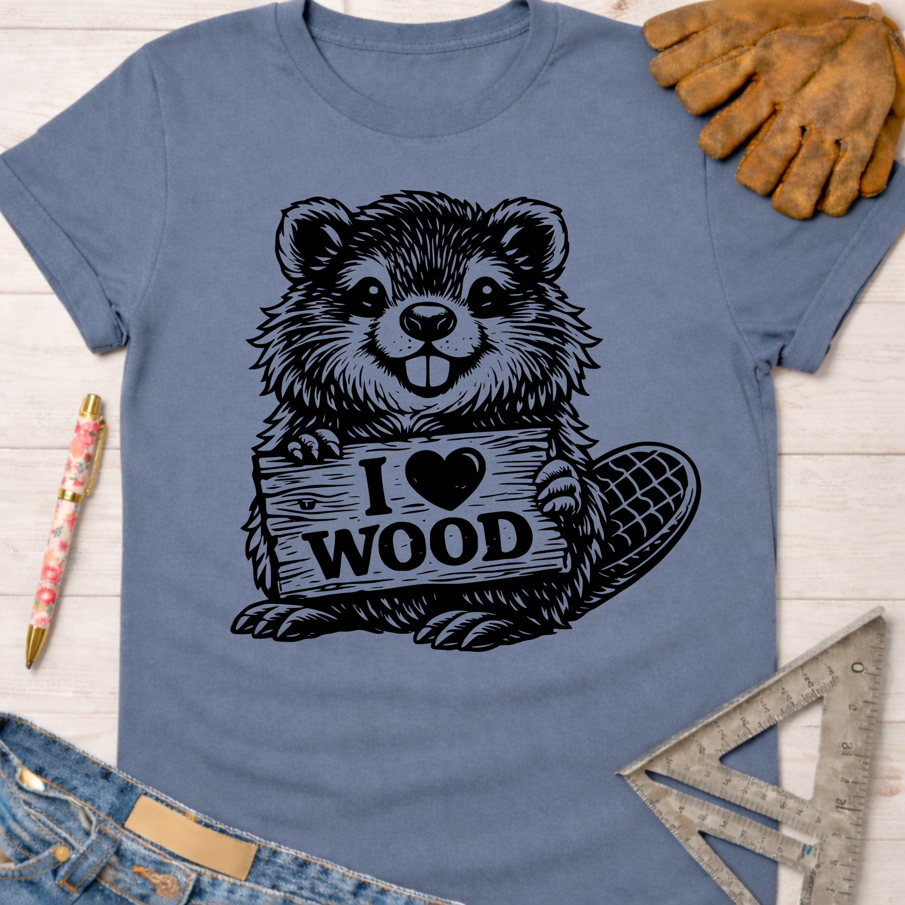 Women's funny woodworking graphic tee shirt for female woodworkers, makers, and DIY builders — Sawdust & Ponytails. Blue cotton tee with a black beaver holding an "I Heart Wood" sign.