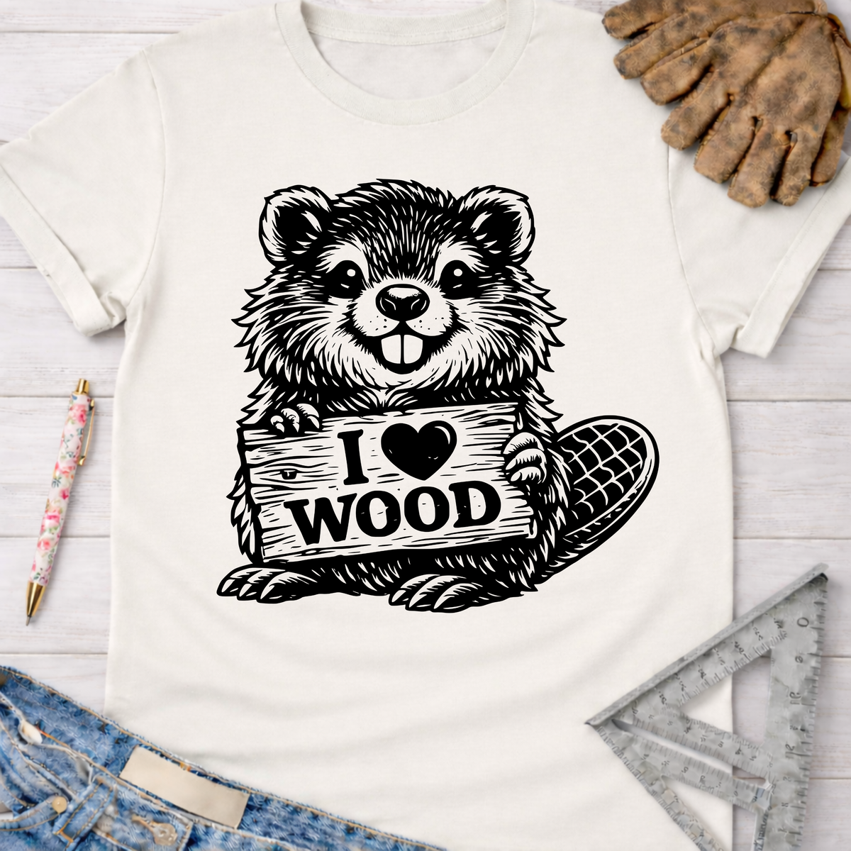 Women's funny woodworking graphic tee shirt for female woodworkers, makers, and DIY builders — Sawdust & Ponytails. White cotton tee with black beaver holding "I Love Wood" sign.