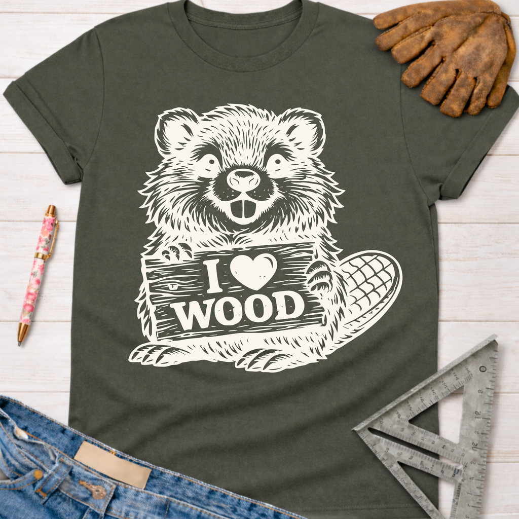Women's funny woodworking graphic tee shirt for female woodworkers, makers, and DIY builders — Sawdust & Ponytails. Dark gray cotton tee with a white graphic of a beaver holding an "I Love Wood" sign.
