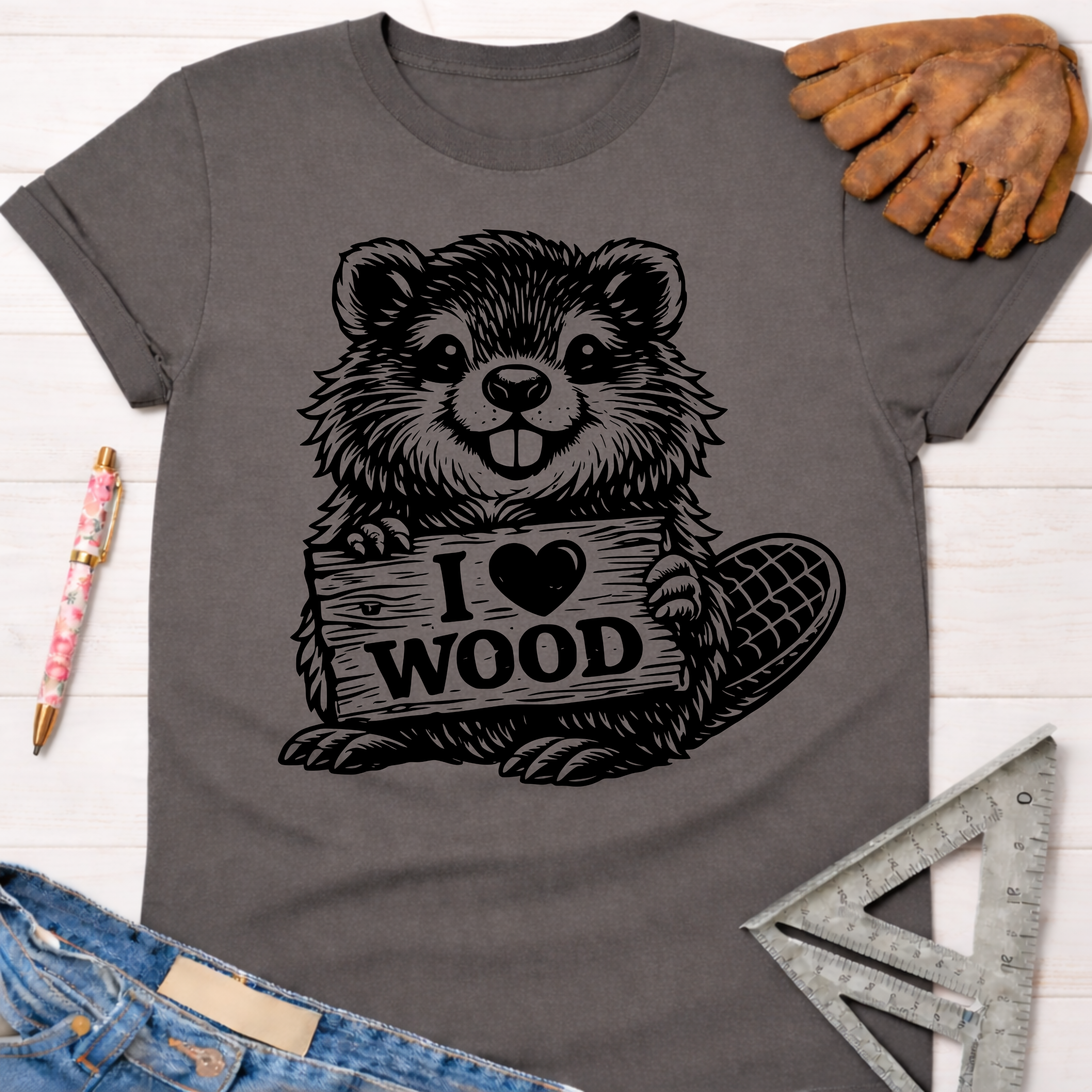 Women's funny woodworking graphic tee shirt for female woodworkers, makers, and DIY builders — Sawdust & Ponytails. Charcoal cotton tee with a black beaver holding an "I ❤️ WOOD" sign.