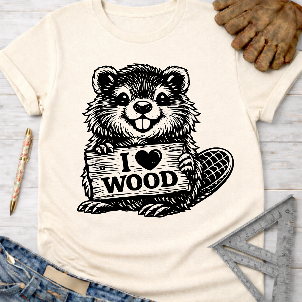 Cream "I Love Wood" beaver graphic tee for women, perfect for woodworkers and DIY builders. Sawdust & Ponytails.