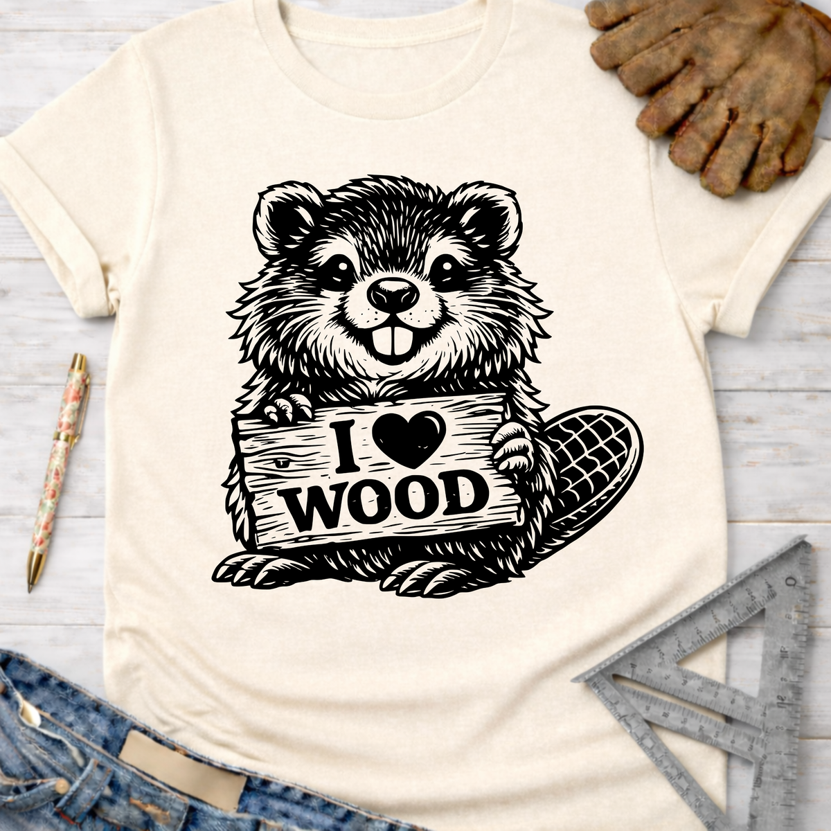 Cream "I Love Wood" beaver graphic tee for women, perfect for woodworkers and DIY builders. Sawdust & Ponytails.