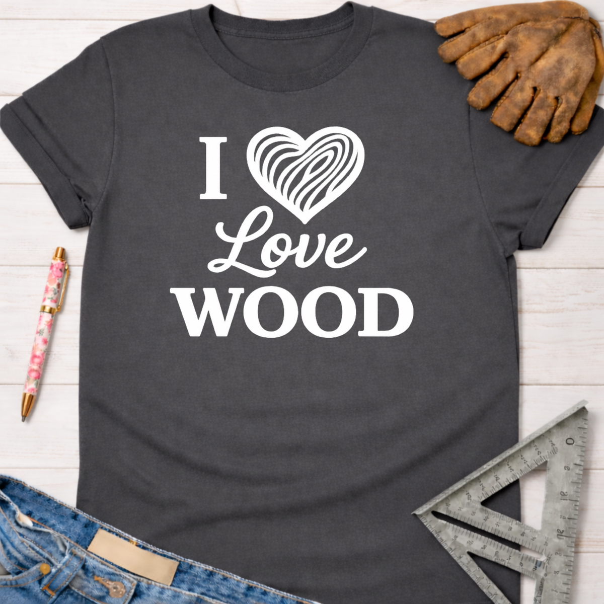 Women's funny woodworking graphic tee shirt for female woodworkers, makers, and DIY builders — Sawdust & Ponytails. Dark gray cotton t-shirt with "I Love Wood" in white text and a wood grain heart.