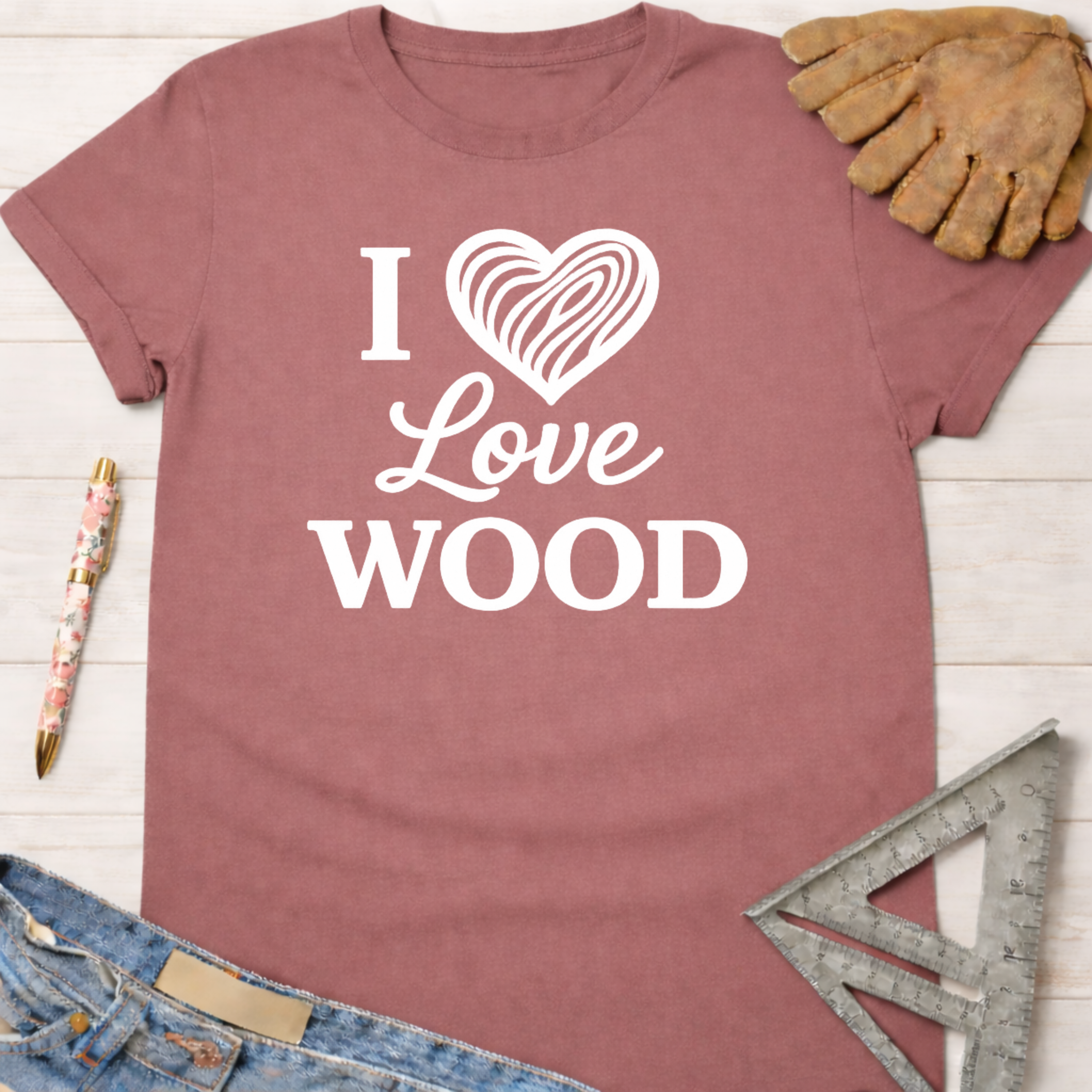 Women's funny woodworking graphic tee shirt for female woodworkers, makers, and DIY builders — Sawdust & Ponytails. Mauve cotton t-shirt with "I Love Wood" text and a wood grain heart graphic.