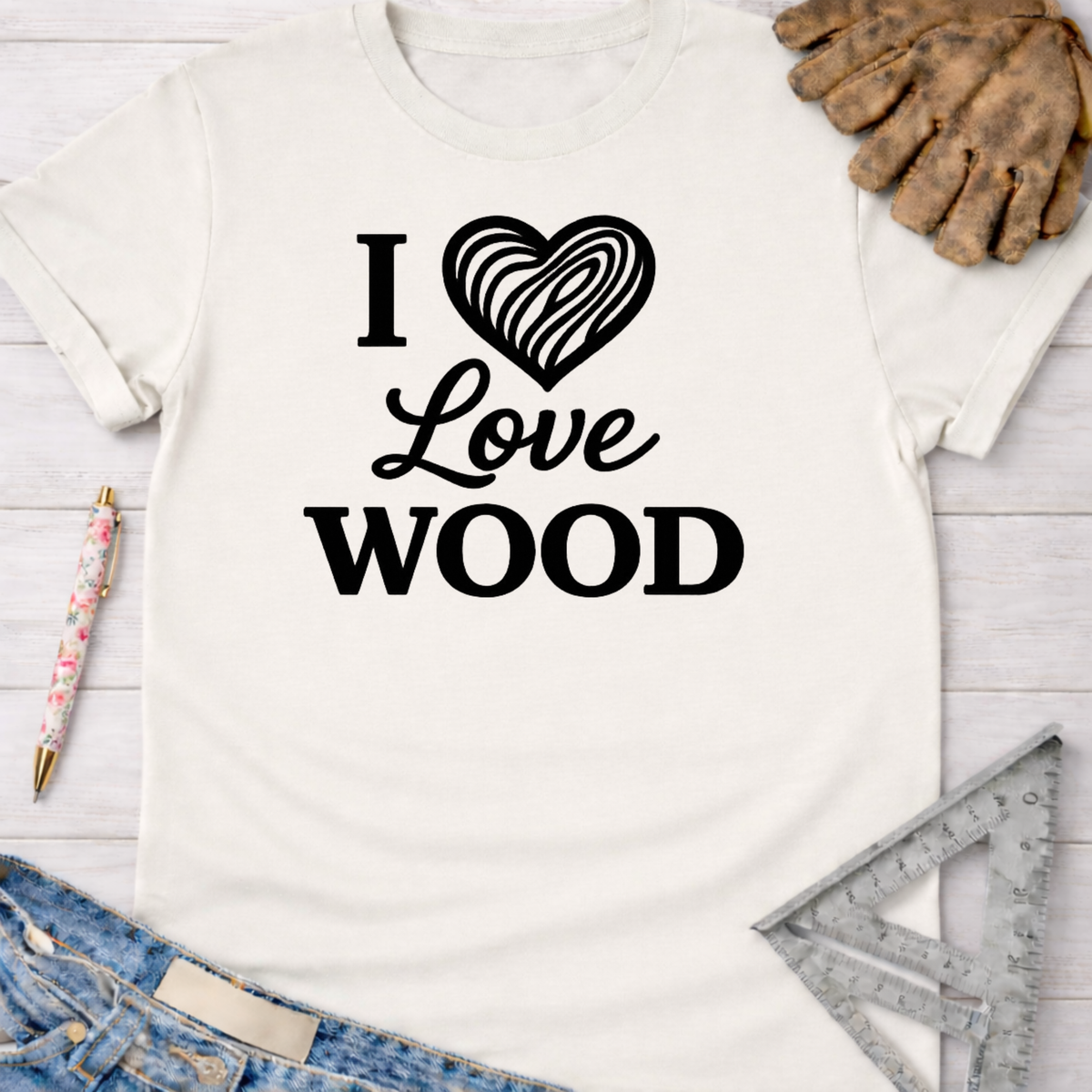 Women's funny woodworking graphic tee shirt for female woodworkers, makers, and DIY builders — Sawdust & Ponytails. White cotton t-shirt with "I Love Wood" text and a wood grain heart design.