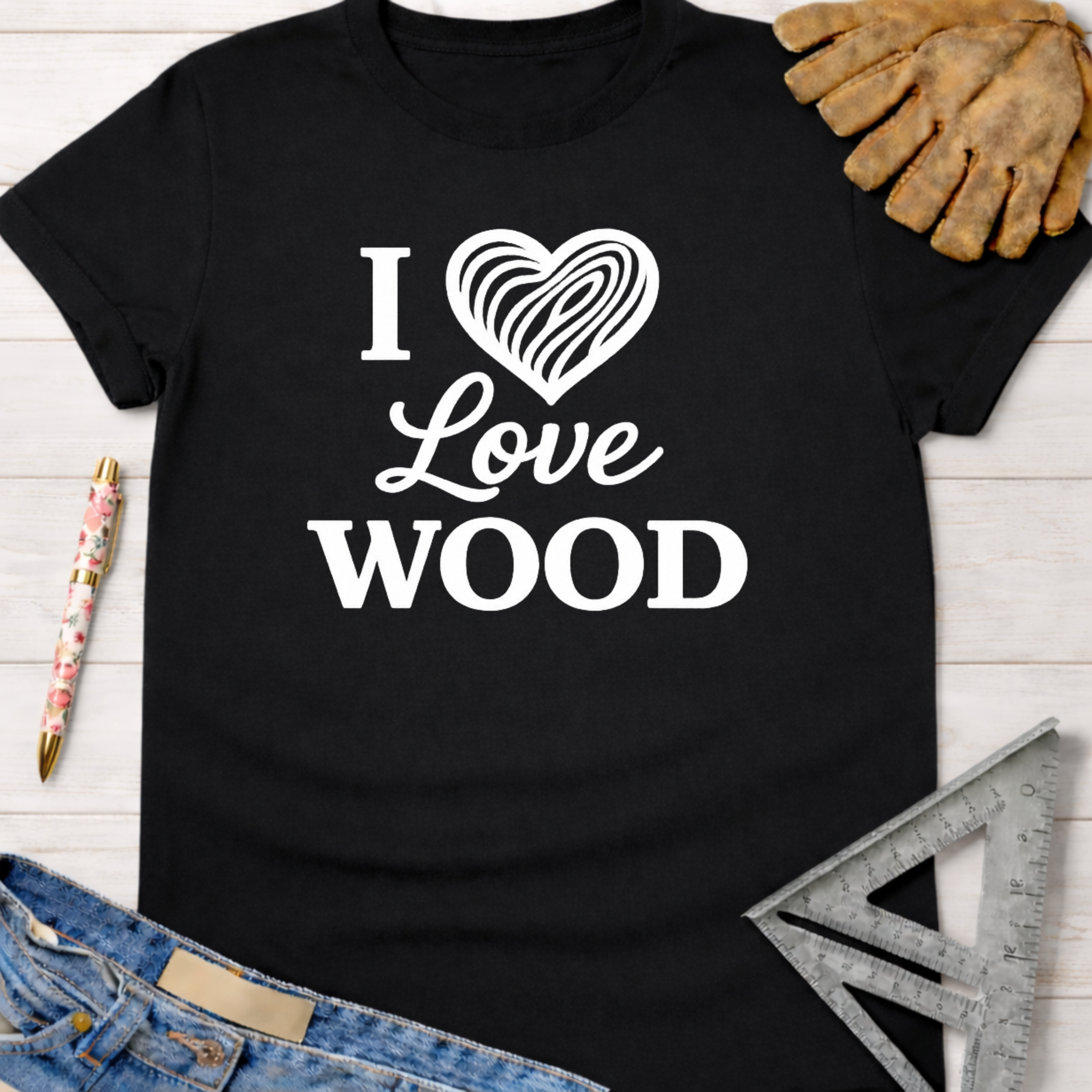Black cotton "I Love Wood" graphic tee with white text and a heart design, shown with work gloves and jeans. Women's funny woodworking graphic tee shirt for female woodworkers, makers, and DIY builders — Sawdust & Ponytails