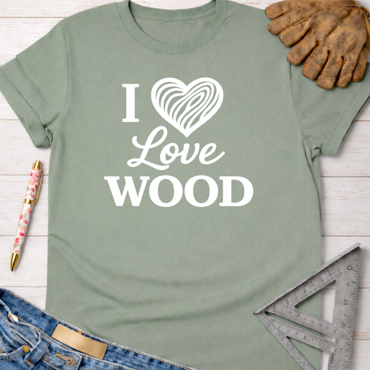 Women's funny woodworking graphic tee shirt for female woodworkers, makers, and DIY builders — Sawdust & Ponytails. Sage green cotton t-shirt with "I Love Wood" graphic.