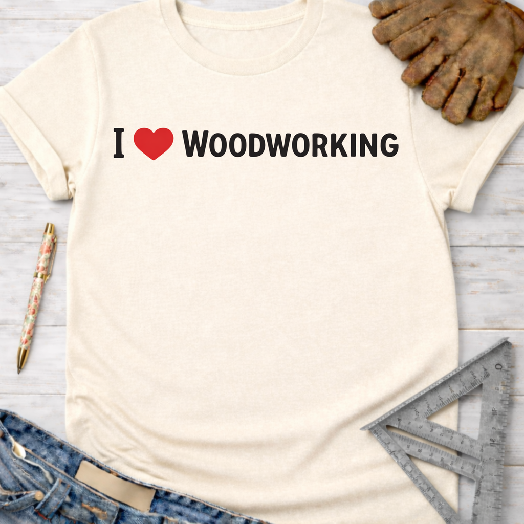 Women's funny woodworking graphic tee shirt for female woodworkers, makers, and DIY builders — Sawdust & Ponytails. Cream t-shirt with "I ❤️ WOODWORKING" text.