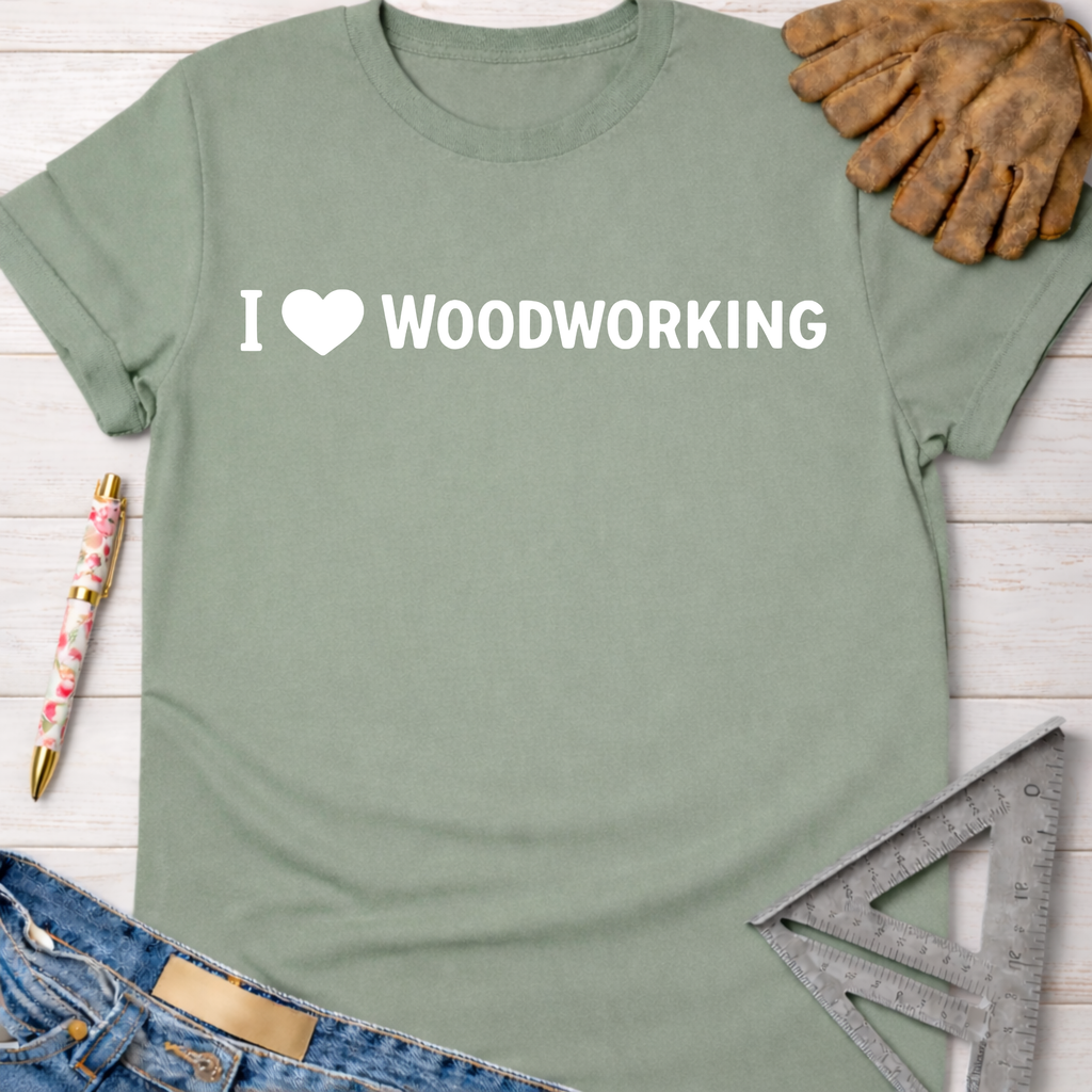 Women's funny woodworking graphic tee shirt for female woodworkers, makers, and DIY builders — Sawdust & Ponytails. Sage green cotton t-shirt with "I ❤️ WOODWORKING" in white.