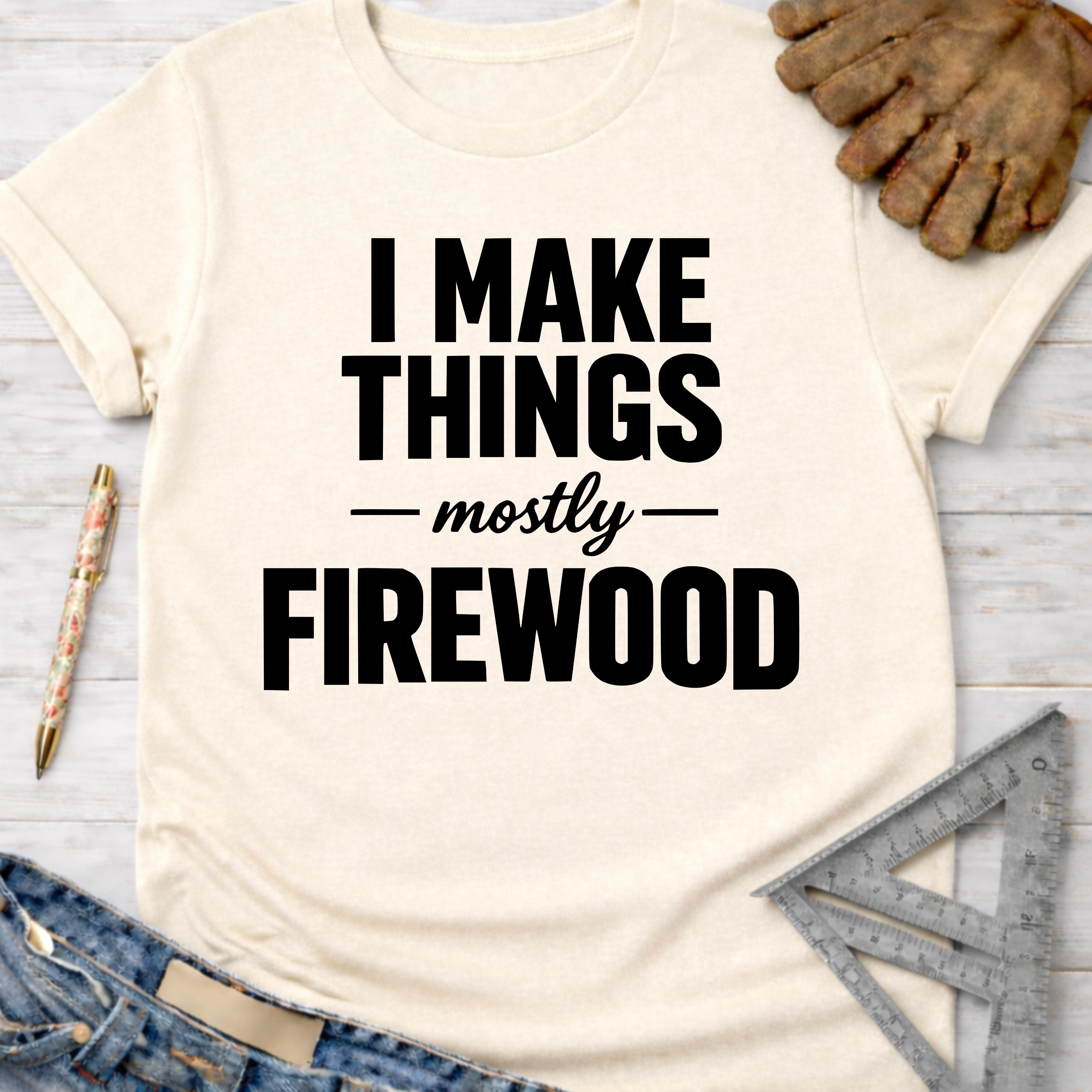 Women's funny woodworking graphic tee shirt for female woodworkers, makers, and DIY builders — Sawdust & Ponytails. Cream t-shirt with "I MAKE THINGS — mostly — FIREWOOD" in black text.
