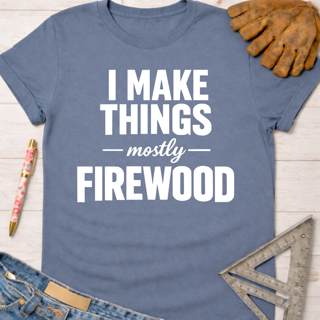 Women's funny woodworking graphic tee shirt for female woodworkers, makers, and DIY builders — Sawdust & Ponytails. Blue "I Make Things - Mostly Firewood" t-shirt.