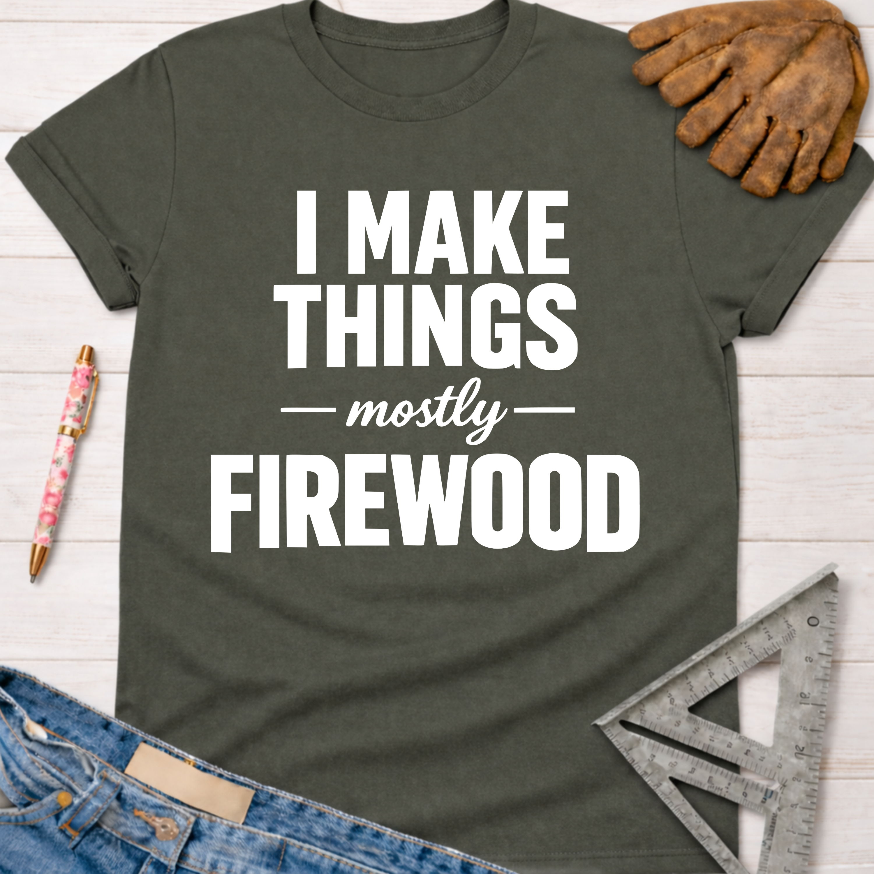Women's funny woodworking graphic tee shirt for female woodworkers, makers, and DIY builders — Sawdust & Ponytails. Dark gray t-shirt with "I Make Things - mostly - Firewood" in white text.