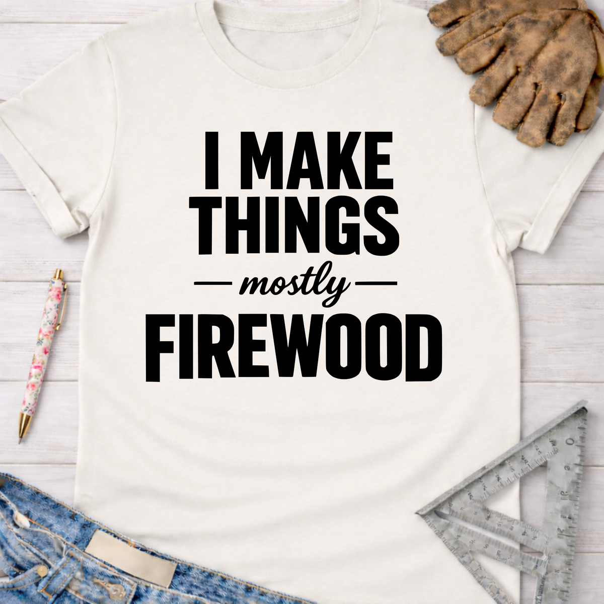 Women's funny woodworking graphic tee shirt for female woodworkers, makers, and DIY builders — Sawdust & Ponytails.