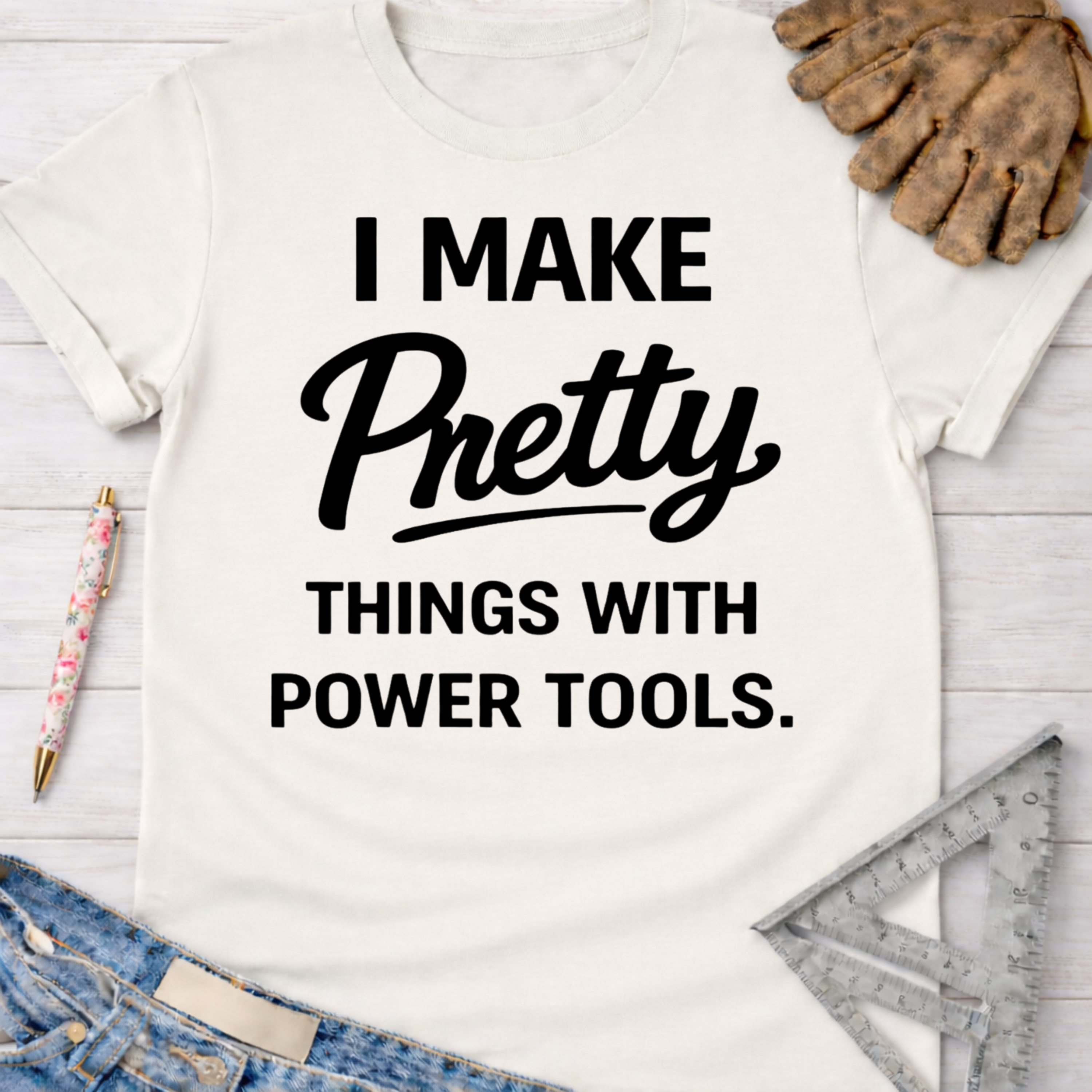 Women's funny woodworking graphic tee shirt for female woodworkers, makers, and DIY builders — Sawdust & Ponytails.
