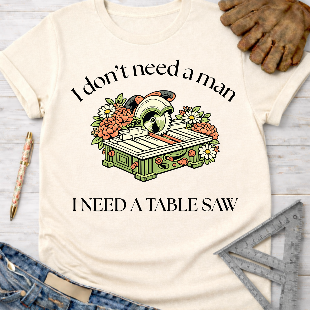 Women's funny woodworking graphic tee shirt for female woodworkers, makers, and DIY builders — Sawdust & Ponytails.