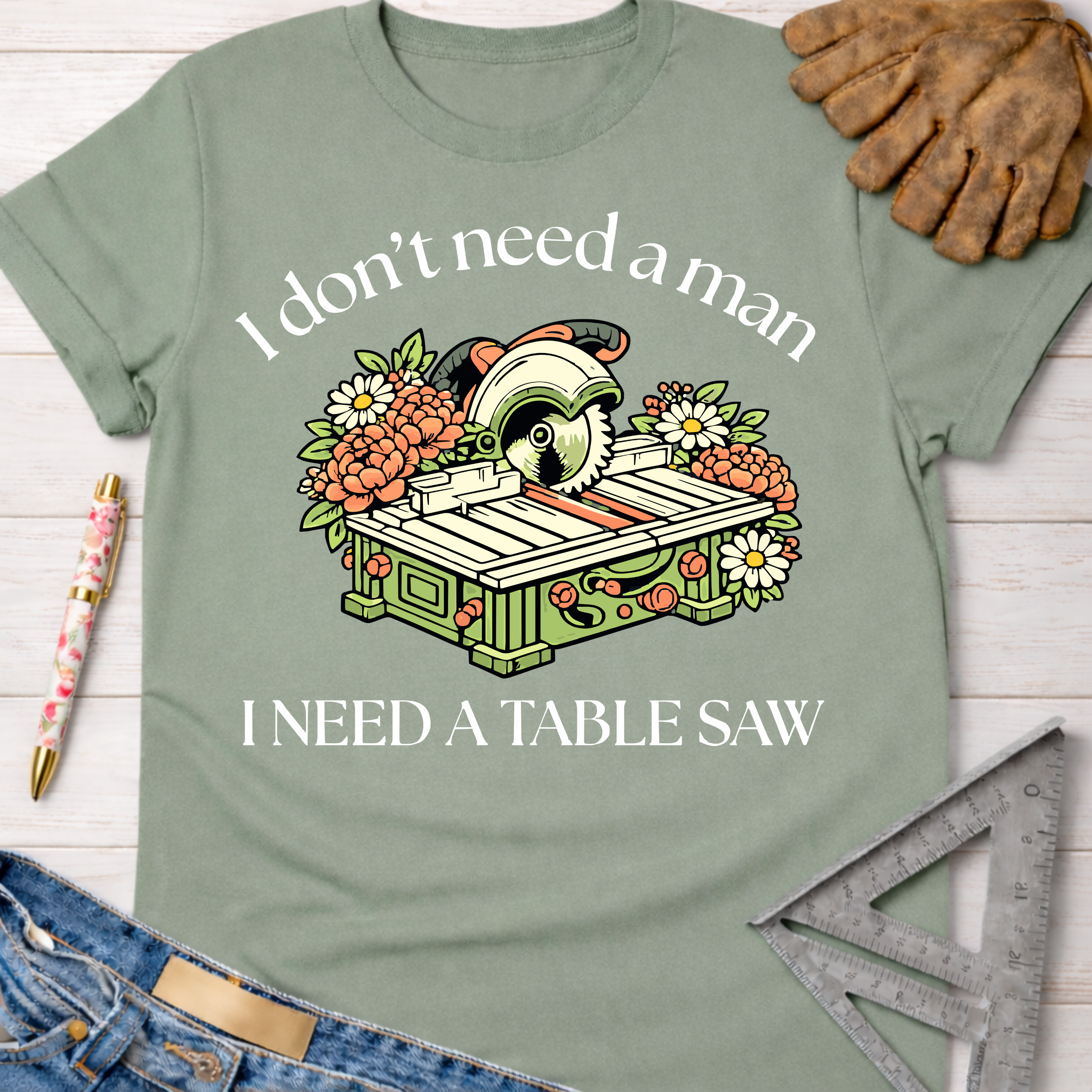 Women's funny woodworking graphic tee shirt for female woodworkers, makers, and DIY builders — Sawdust & Ponytails.