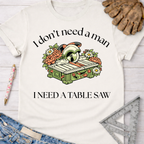 Women's funny woodworking graphic tee shirt for female woodworkers, makers, and DIY builders — Sawdust & Ponytails.