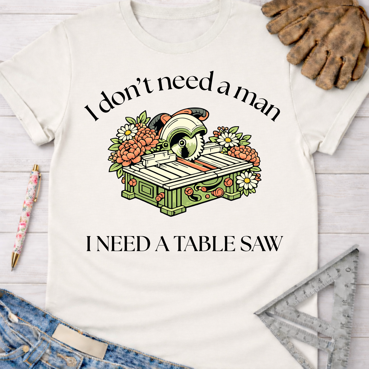 Women's funny woodworking graphic tee shirt for female woodworkers, makers, and DIY builders — Sawdust & Ponytails.