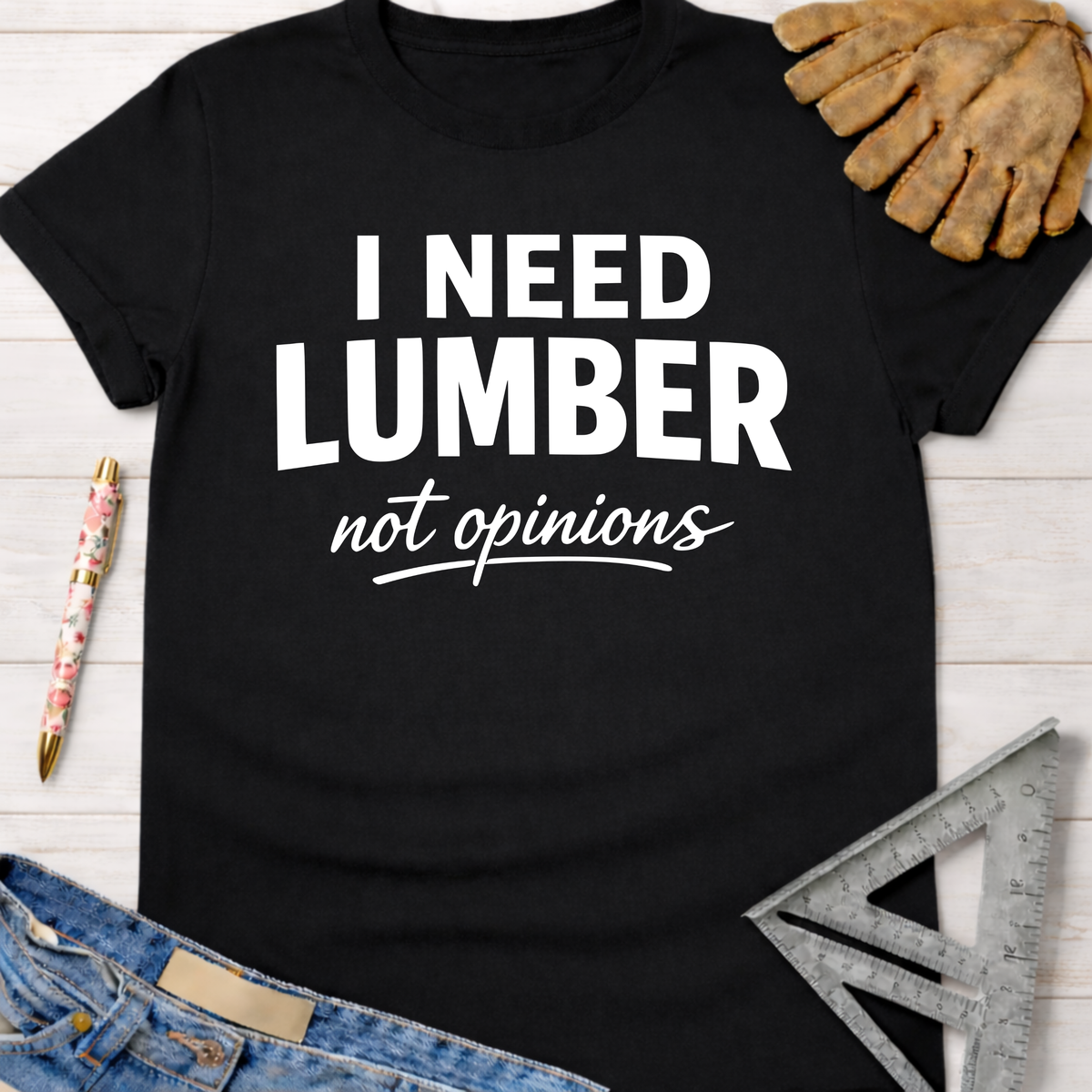 Women's funny woodworking graphic tee shirt for female woodworkers, makers, and DIY builders — Sawdust & Ponytails. Black cotton tee with "I NEED LUMBER not opinions" in white text.