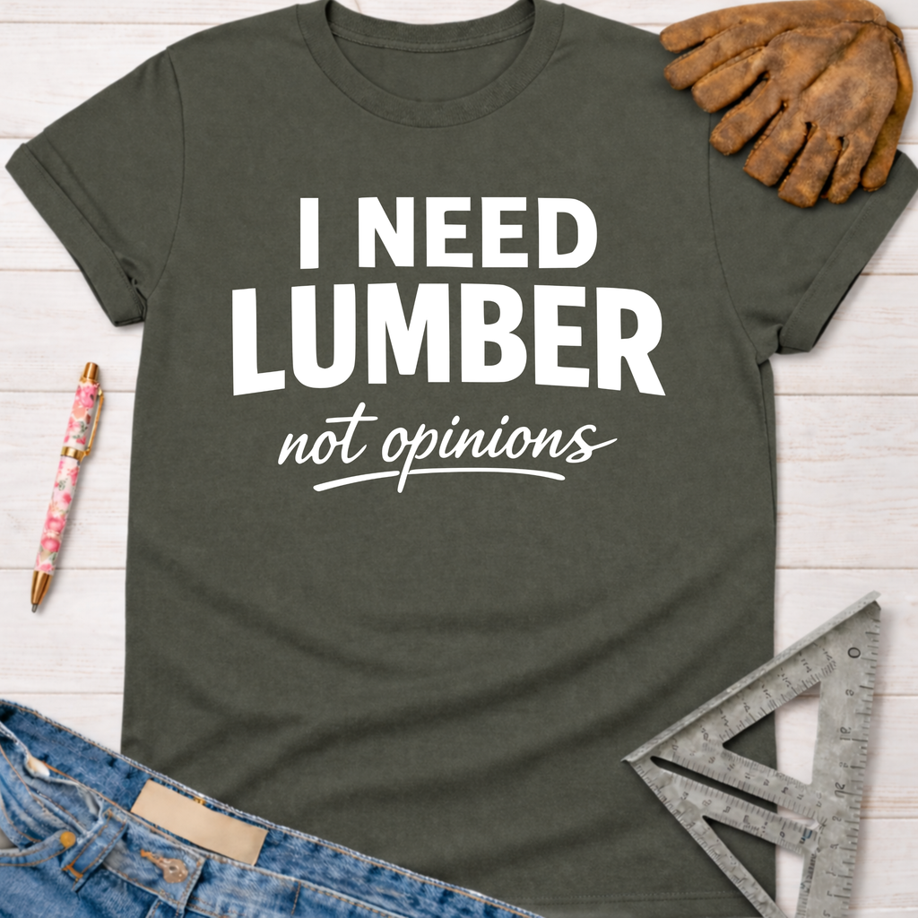 Women's funny woodworking graphic tee shirt for female woodworkers, makers, and DIY builders — Sawdust & Ponytails. Dark gray cotton t-shirt with "I Need Lumber not opinions" in white text, next to a work glove and ruler.