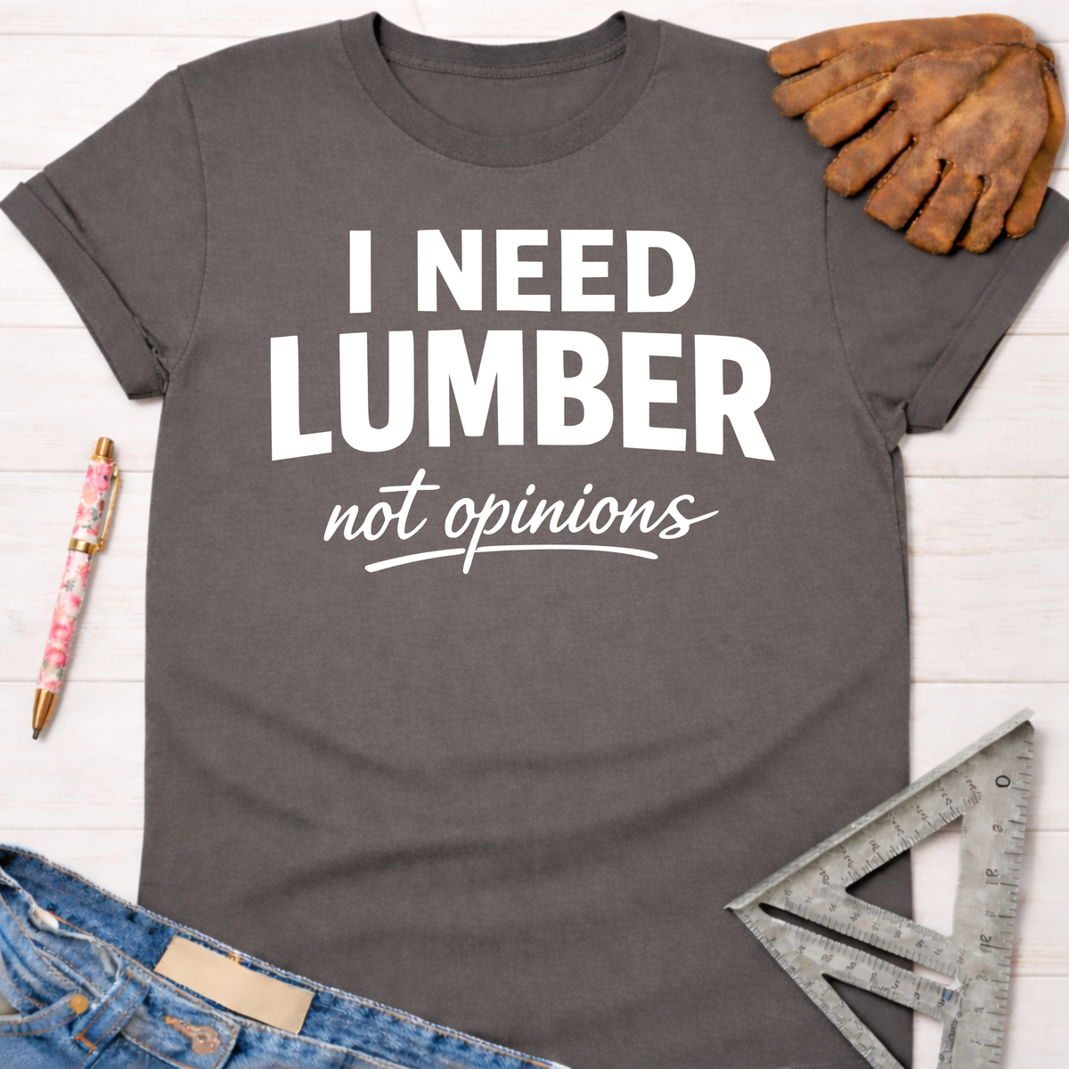 Charcoal gray cotton "I Need Lumber not opinions" graphic tee shirt for female woodworkers, makers, and DIY builders — Sawdust & Ponytails