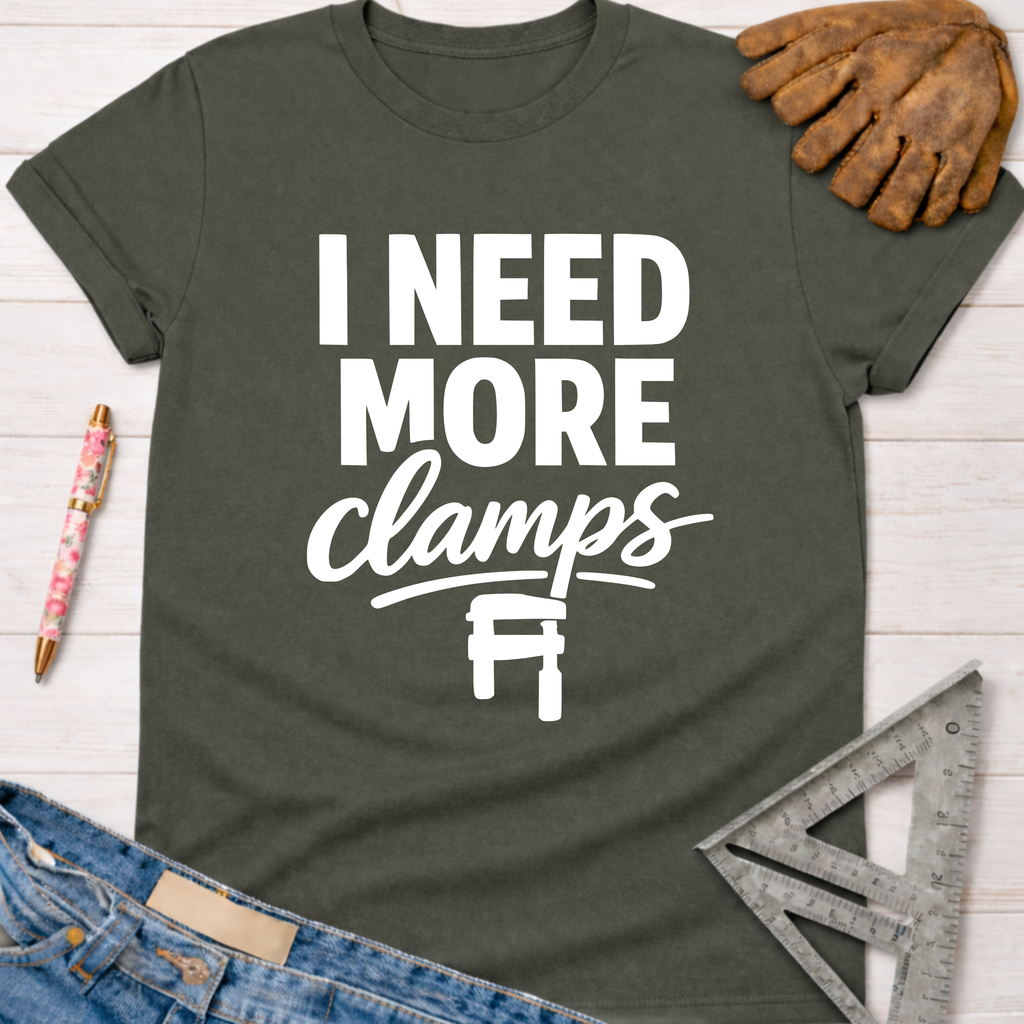 Women's funny woodworking graphic tee shirt for female woodworkers, makers, and DIY builders — Sawdust & Ponytails. Dark gray t-shirt with "I NEED MORE clamps" in white text and a clamp icon.