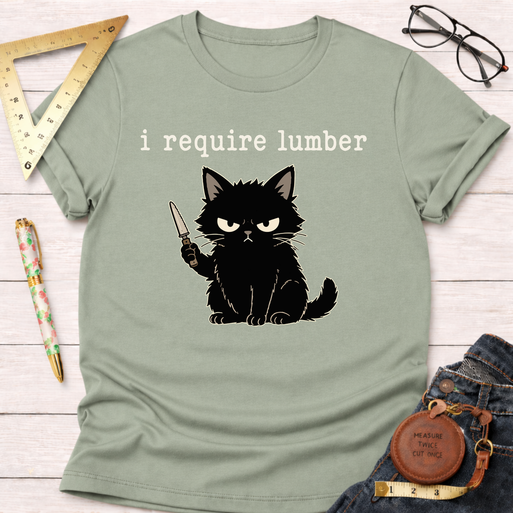 Sage green cotton t-shirt with "i require lumber" text and an angry black cat holding a knife.