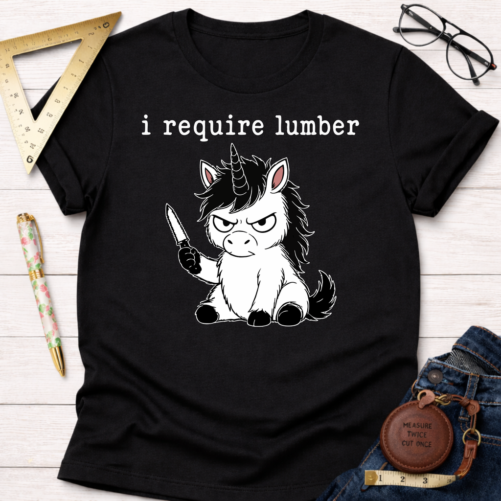 Black "I Require Lumber" t-shirt with an angry unicorn holding a knife, surrounded by woodworking tools.