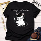 Black "I Require Lumber" t-shirt with an angry unicorn holding a knife, surrounded by woodworking tools.
