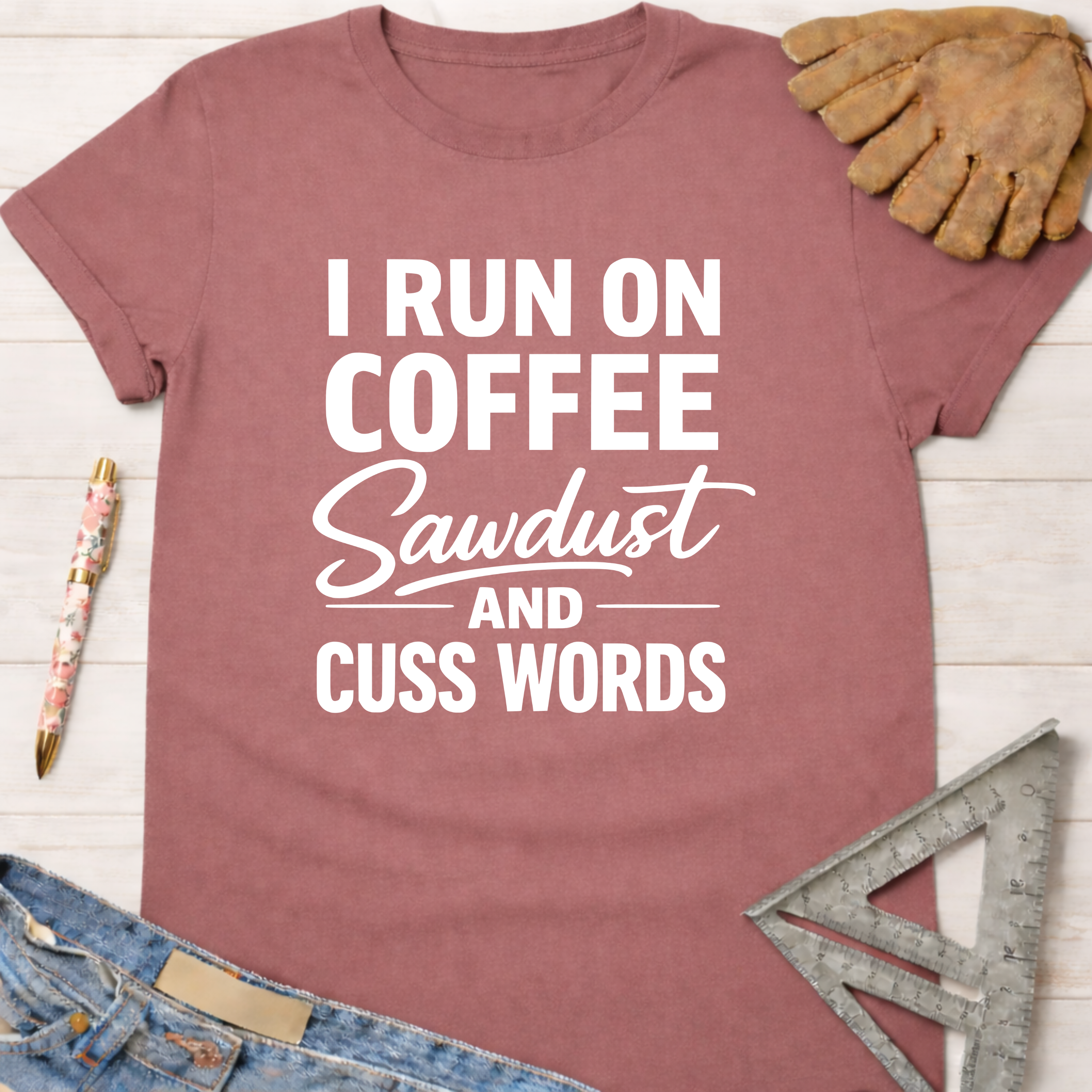Women's funny woodworking graphic tee shirt for female woodworkers, makers, and DIY builders — Sawdust & Ponytails. Mauve t-shirt with "I RUN ON COFFEE Sawdust AND CUSS WORDS" in white text.