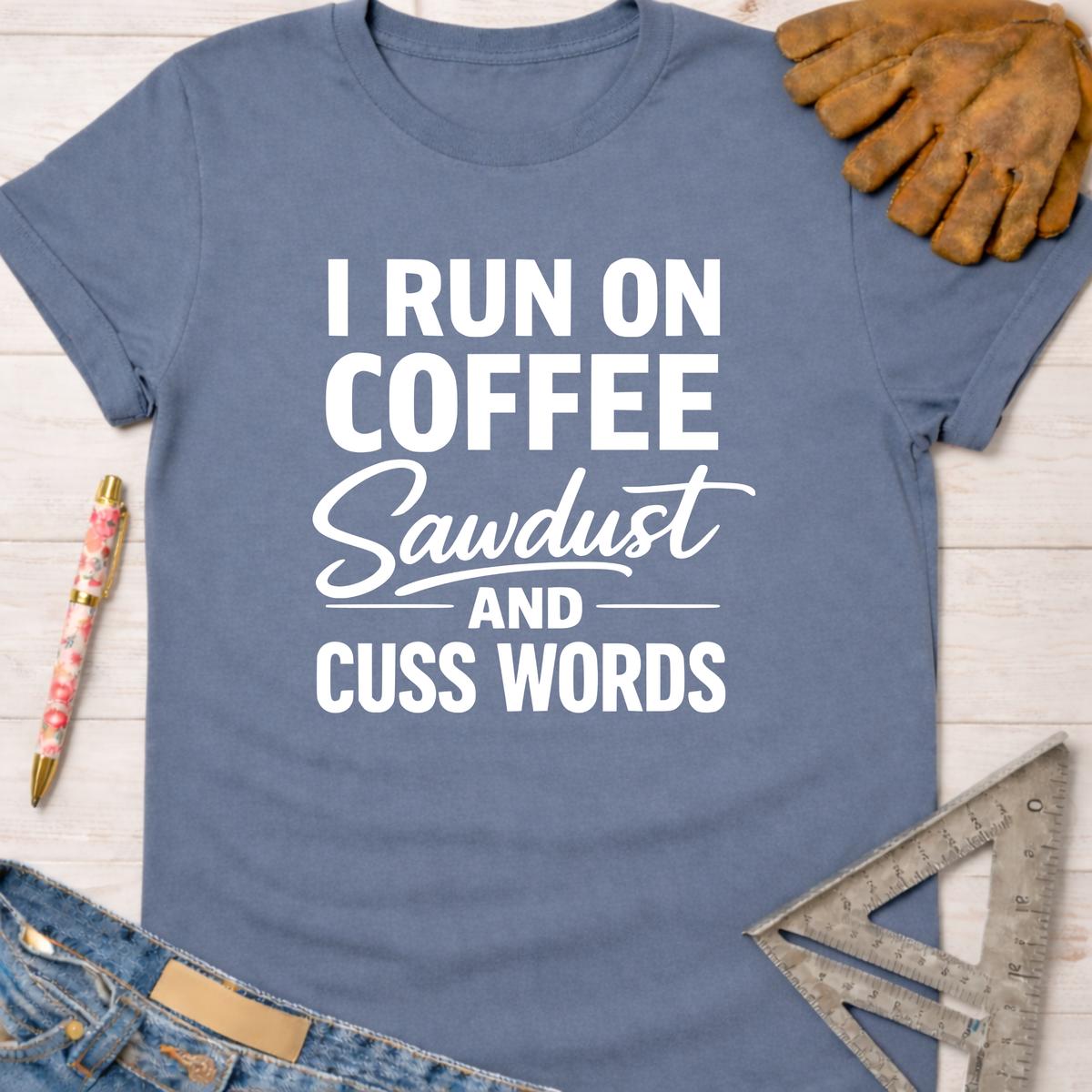 Women's funny woodworking graphic tee shirt for female woodworkers, makers, and DIY builders — Sawdust & Ponytails. Blue cotton tee with "I Run On Coffee Sawdust And Cuss Words" in white text.