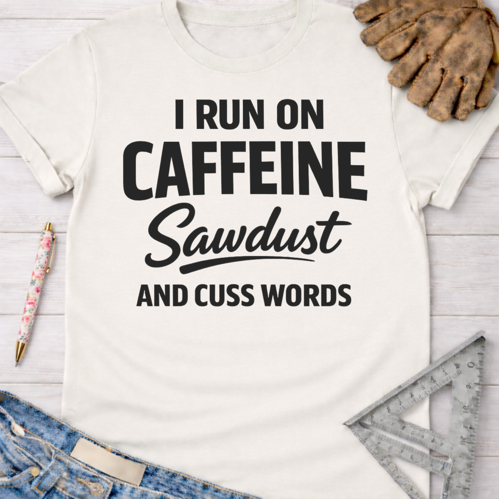 Women's funny woodworking graphic tee shirt for female woodworkers, makers, and DIY builders — Sawdust & Ponytails. White cotton tee with "I RUN ON CAFFEINE Sawdust AND CUSS WORDS" in black text.