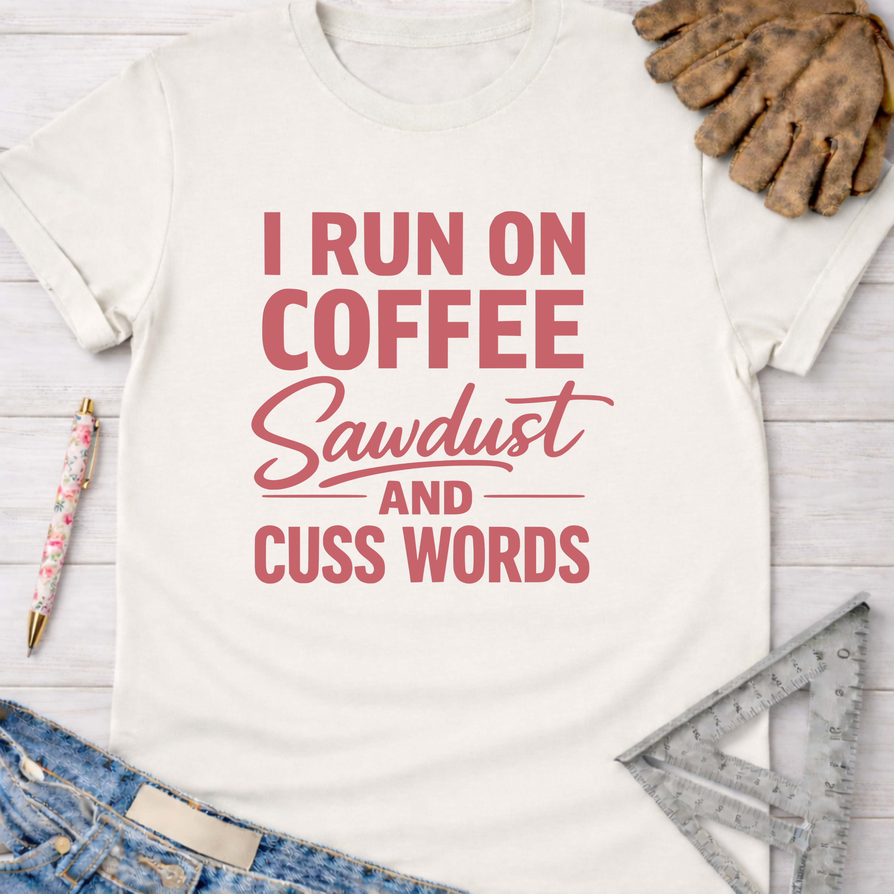 Women's funny woodworking graphic tee shirt for female woodworkers, makers, and DIY builders — Sawdust & Ponytails.