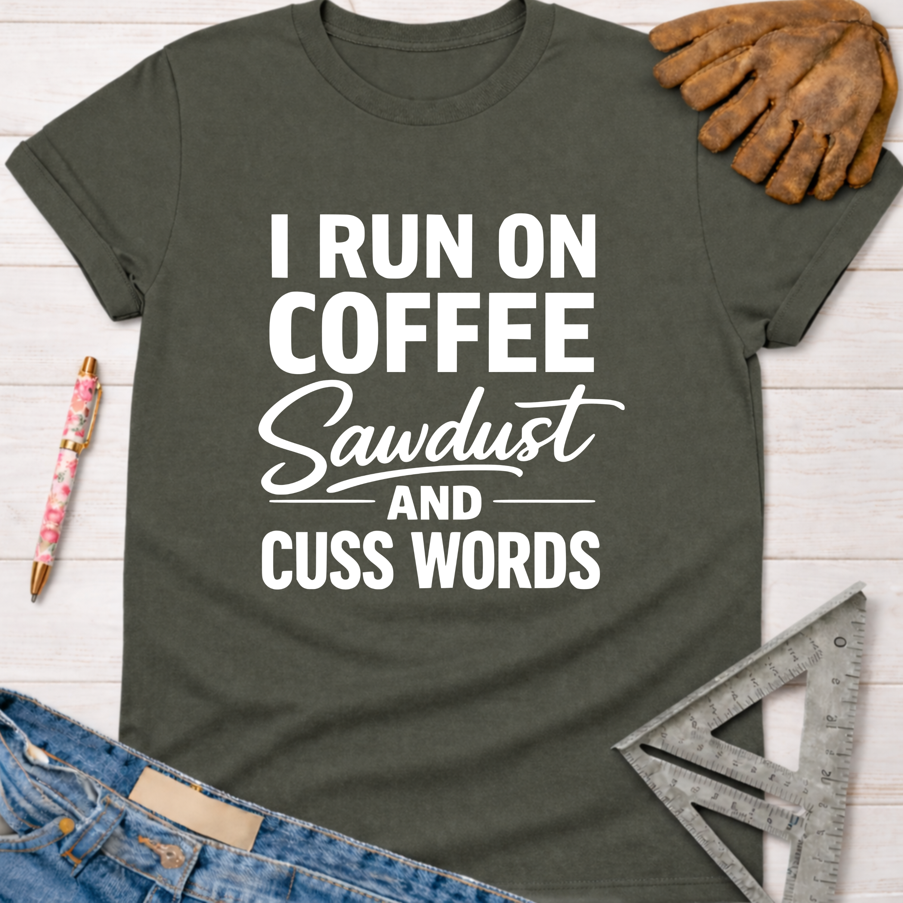 Women's funny woodworking graphic tee shirt for female woodworkers, makers, and DIY builders — Sawdust & Ponytails. Dark gray t-shirt with "I RUN ON COFFEE Sawdust AND CUSS WORDS" in white text.