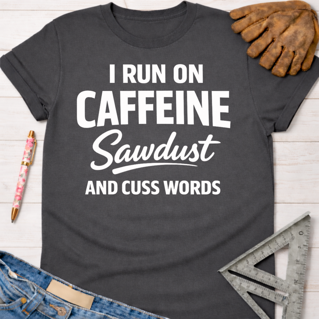 Women's funny woodworking graphic tee shirt for female woodworkers, makers, and DIY builders — Sawdust & Ponytails. Dark gray crew neck t-shirt with "I RUN ON CAFFEINE Sawdust AND CUSS WORDS" in white text.