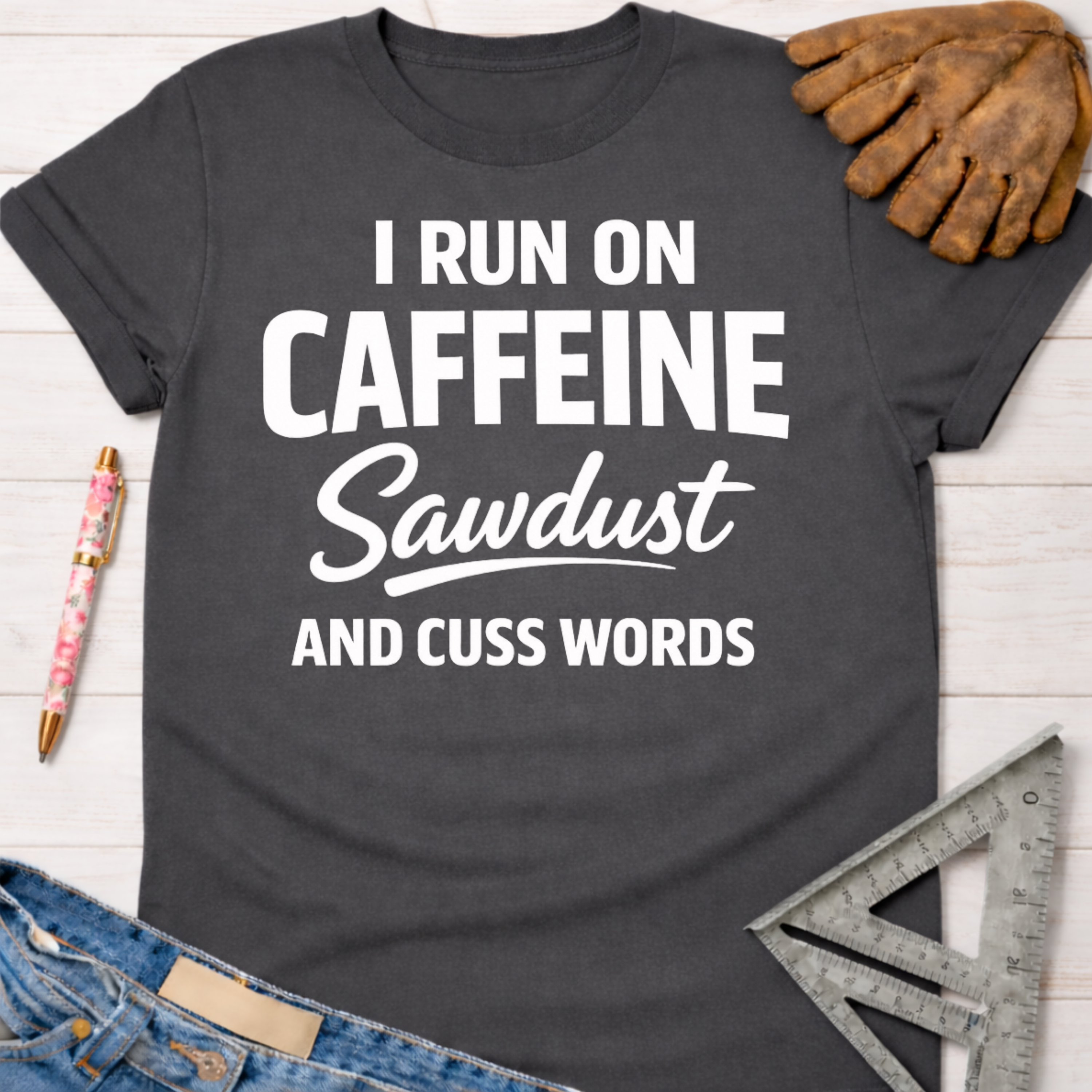 Women's funny woodworking graphic tee shirt for female woodworkers, makers, and DIY builders — Sawdust & Ponytails. Dark gray crew neck t-shirt with "I RUN ON CAFFEINE Sawdust AND CUSS WORDS" in white text.